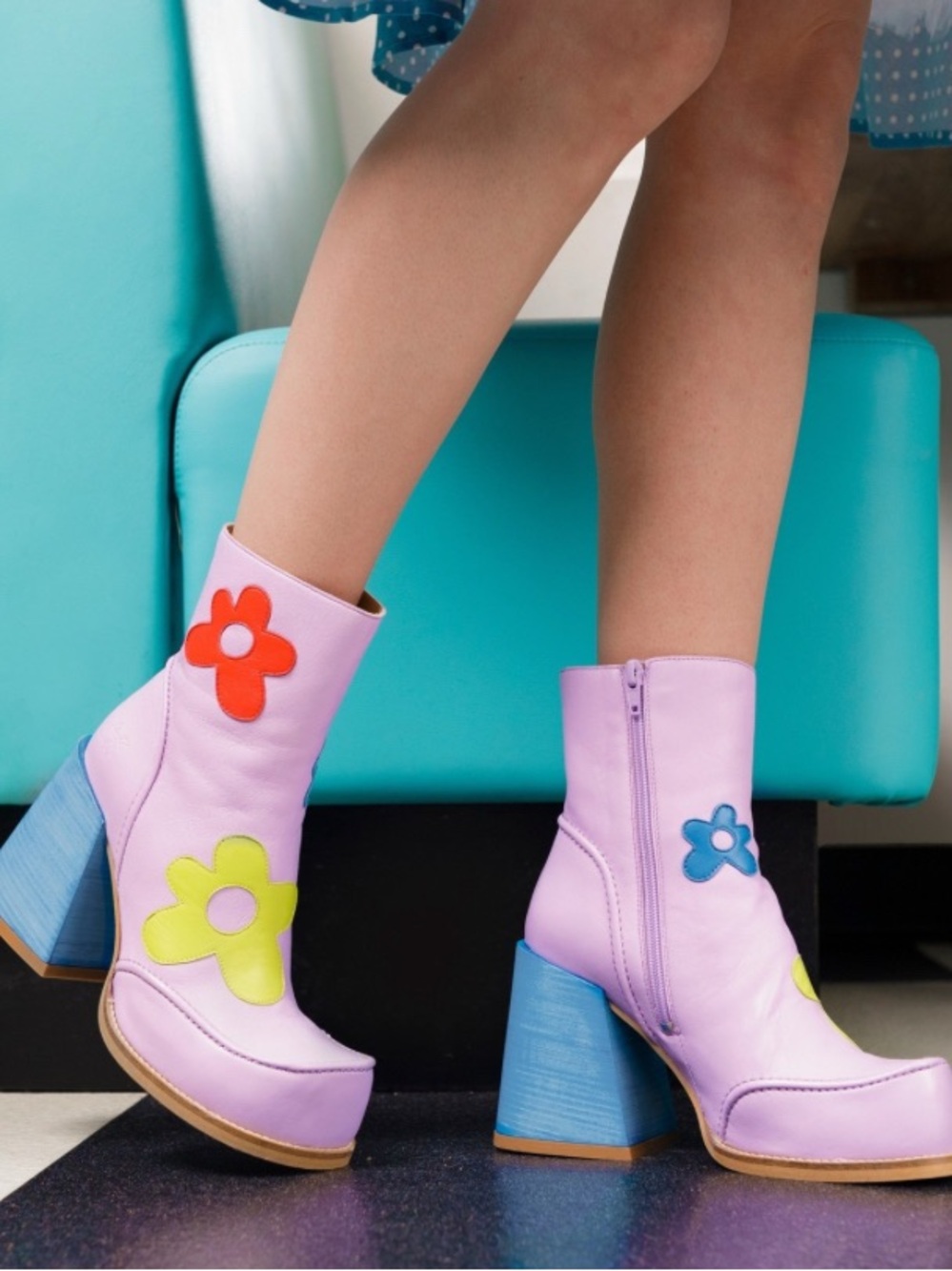 John Fluevog Lavender Platform Flower Ankle Boots with Blue Heel
